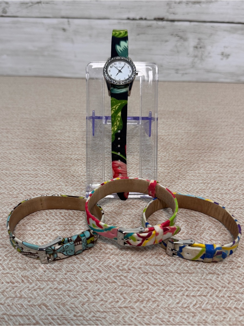 Vera Bradley Watch Crystal Bezel Interchangeable Fabric Bands White Dial